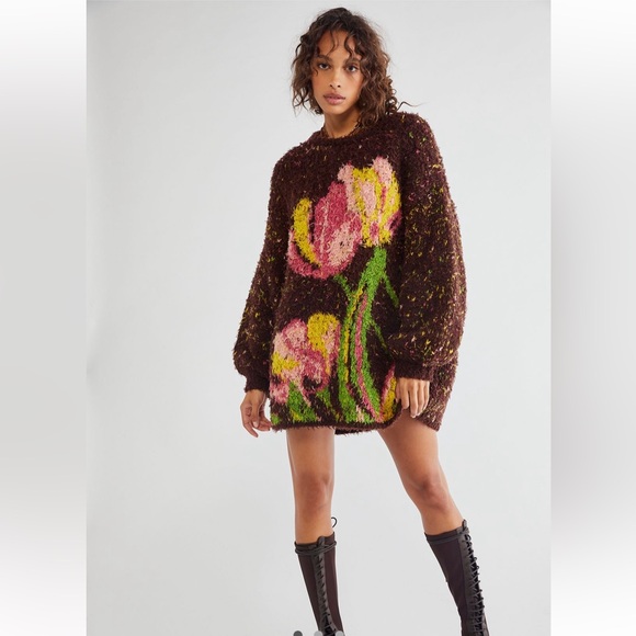 Free People Dresses & Skirts - Color Me Cozy Sweater Dress Brown Floral XS/S Free People